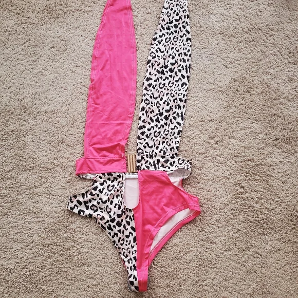 Women's Leopard One Piece Neck Tie Swimsuit Size Large - Picture 2 of 7